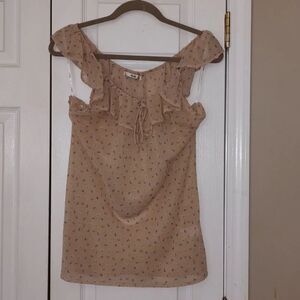 Papaya tan bow print sheer blouse Sz L EUC
